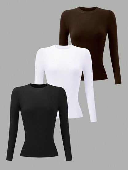 INAWLY 3pcs Women's Solid Color Fitted Long Sleeve Crew Neck T-Shirts