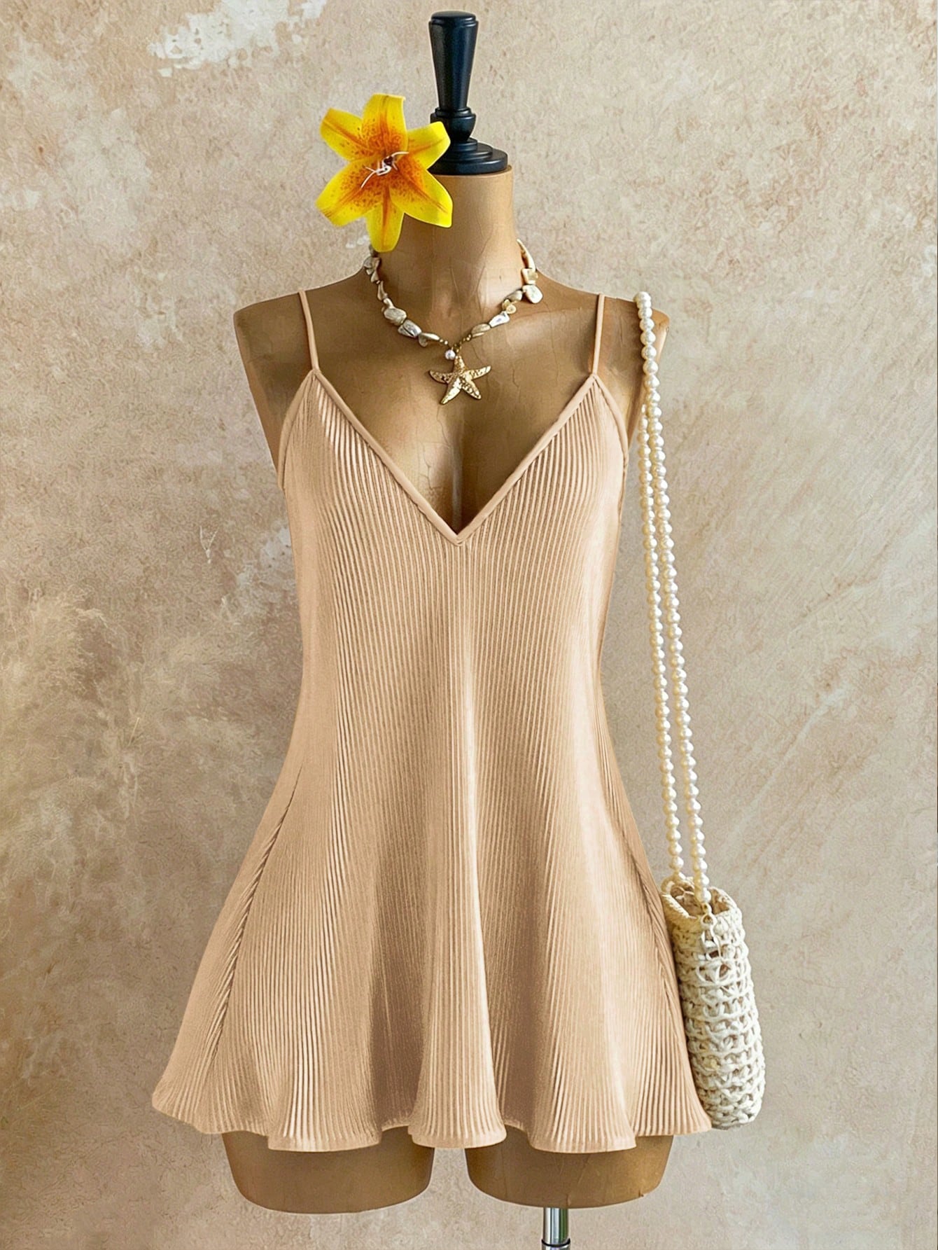 INAWLY Backless Camisole Beige Dress For Women,Classy Vintage Boho Chic Summer,Tropical Beach Holiday Vacation,Apricot Solid Color Casual Resort Outfits