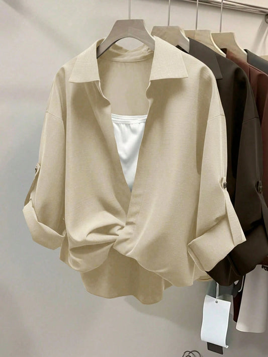 INAWLY Casual Layered Design Shirt, Suitable For Commuting In Autumn