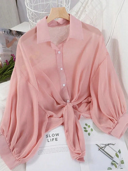 INAWLY New Bat Wing Cropped Casual Chiffon Women Solid Color Shirt