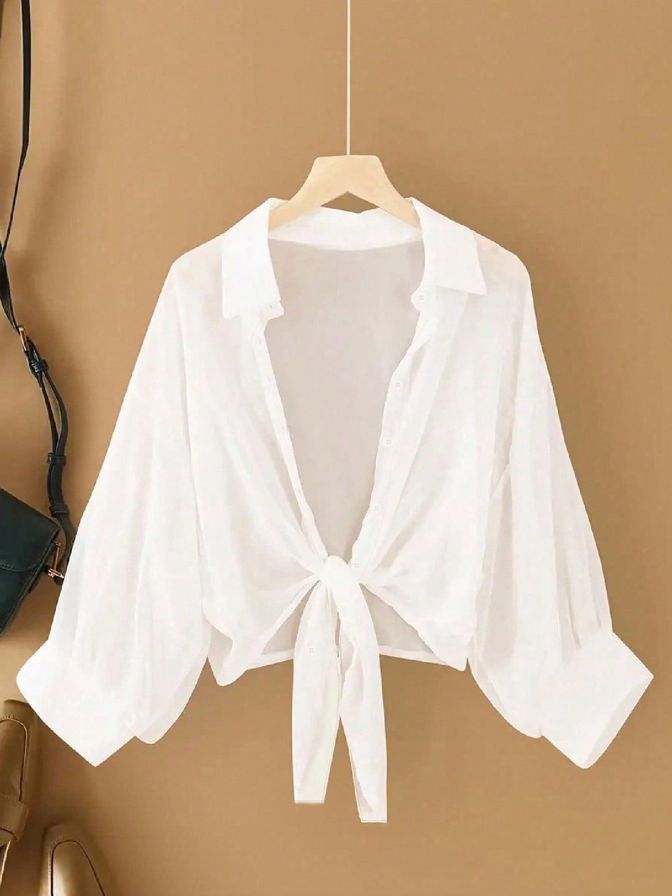 INAWLY New Bat Wing Cropped Casual Chiffon Women Solid Color Shirt