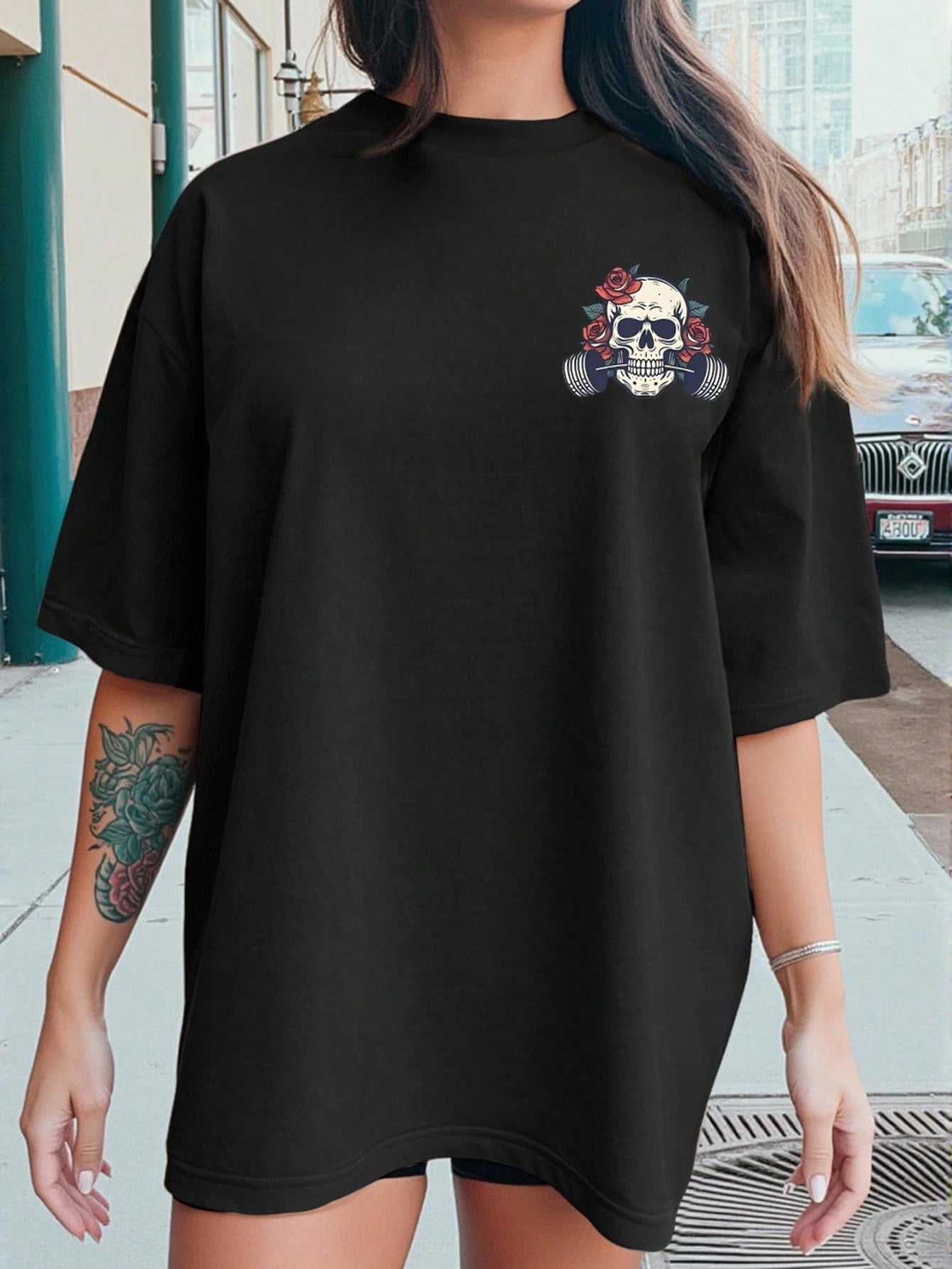 INAWLY Plus Size Women's Letter & Skeleton Print Casual Dropped Shoulder Round Neck T-Shirt