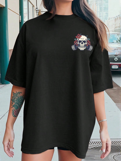 INAWLY Plus Size Women's Letter & Skeleton Print Casual Dropped Shoulder Round Neck T-Shirt