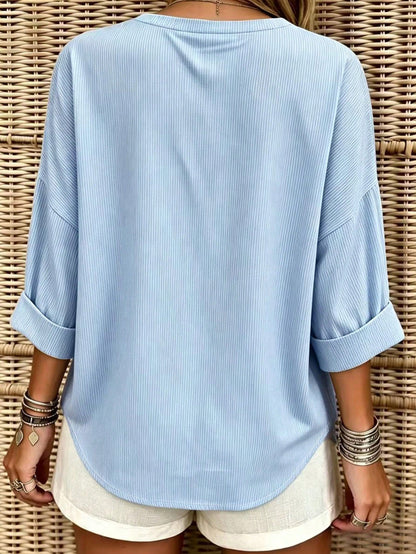 INAWLY Plus Size Women's Striped Notch V-Neck Casual Loose Fit Shirt Fall