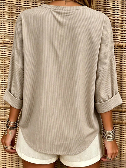 INAWLY Plus Size Women's Striped Notch V-Neck Casual Loose Fit Shirt Fall