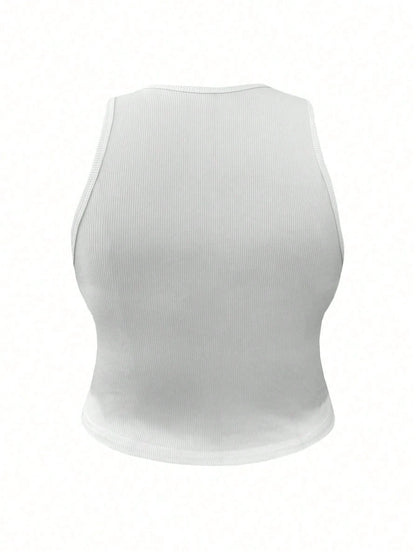 INAWLY Solid Color Ribbed Knit Fitted Tank Top, Suitable For Daily Wear
