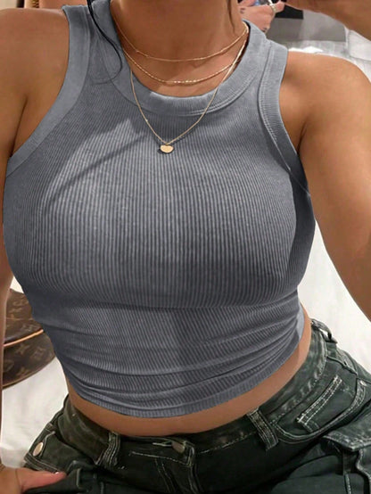 INAWLY Solid Color Ribbed Knit Fitted Tank Top, Suitable For Daily Wear