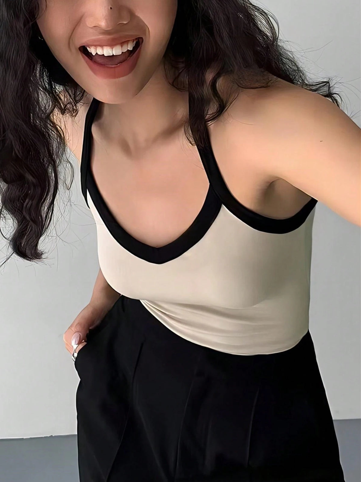 INAWLY Solva Women Fashionable Summer Camisole Top, Color-Blocking Edges, Slim Fit, Versatile With Neck Strap Graphic Tees Women Tops