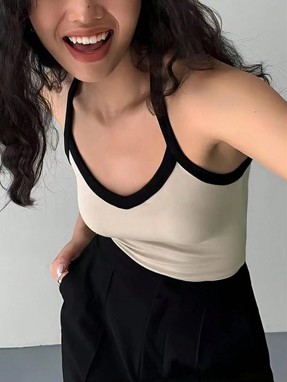 INAWLY Solva Women Fashionable Summer Camisole Top, Color-Blocking Edges, Slim Fit, Versatile With Neck Strap Graphic Tees Women Tops