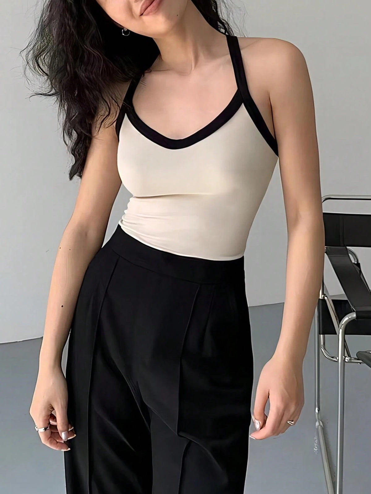 INAWLY Solva Women Fashionable Summer Camisole Top, Color-Blocking Edges, Slim Fit, Versatile With Neck Strap Graphic Tees Women Tops