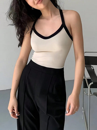 INAWLY Solva Women Fashionable Summer Camisole Top, Color-Blocking Edges, Slim Fit, Versatile With Neck Strap Graphic Tees Women Tops