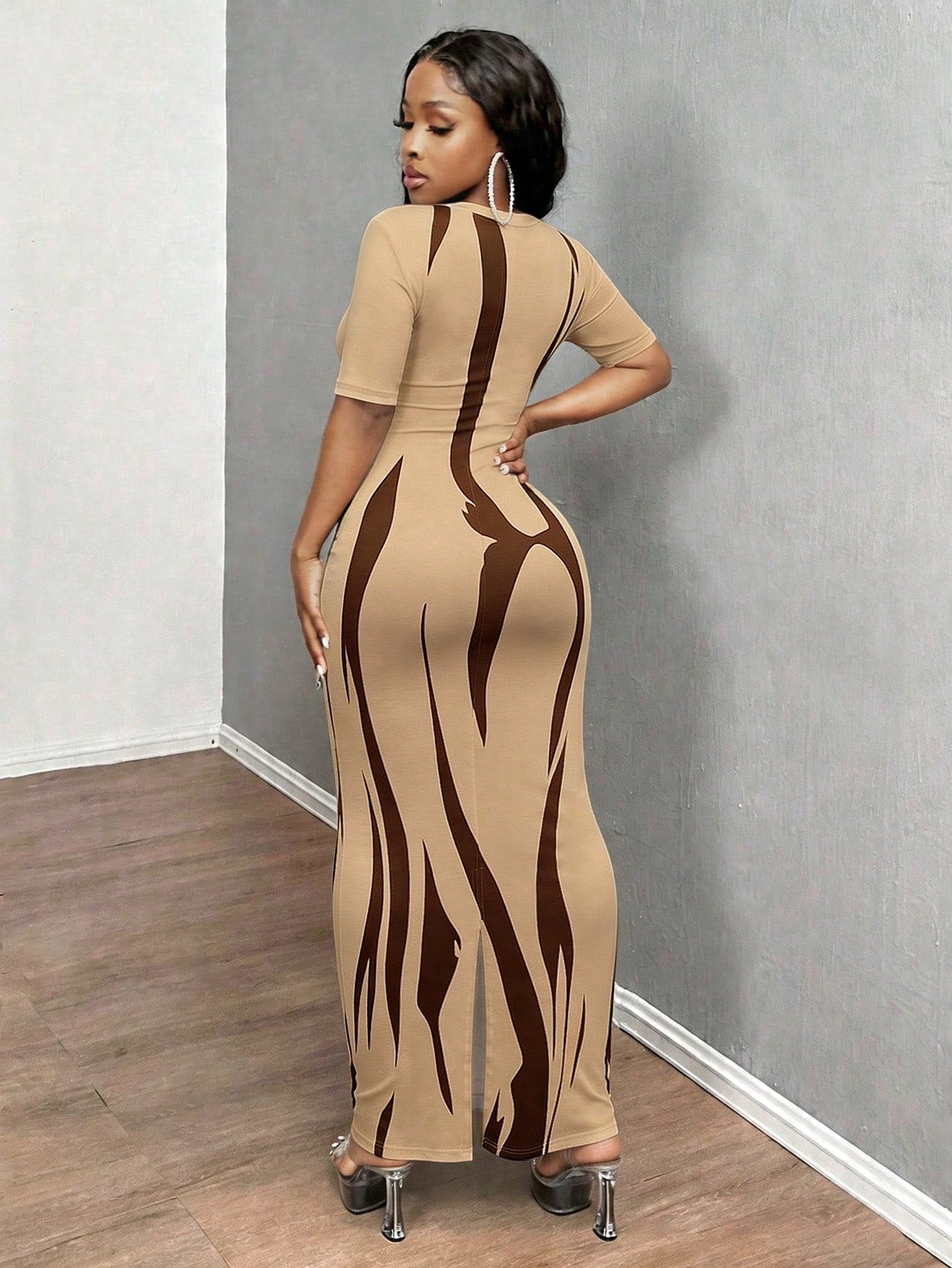 INAWLY Solva Women's Sexy Casual Slim Fit Brown Short Sleeve Dress, Summer Going Out