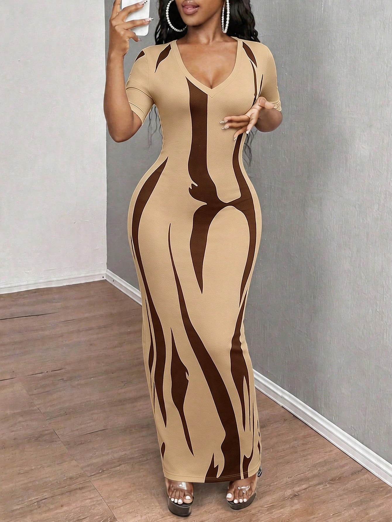 INAWLY Solva Women's Sexy Casual Slim Fit Brown Short Sleeve Dress, Summer Going Out