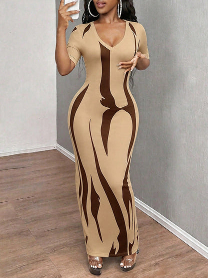 INAWLY Solva Women's Sexy Casual Slim Fit Brown Short Sleeve Dress, Summer Going Out