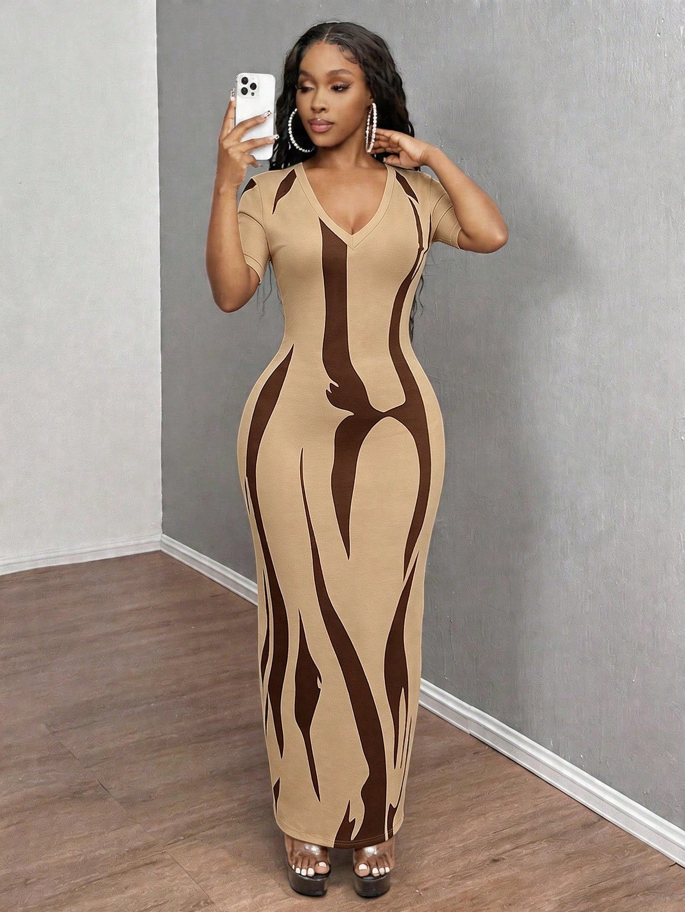 INAWLY Solva Women's Sexy Casual Slim Fit Brown Short Sleeve Dress, Summer Going Out