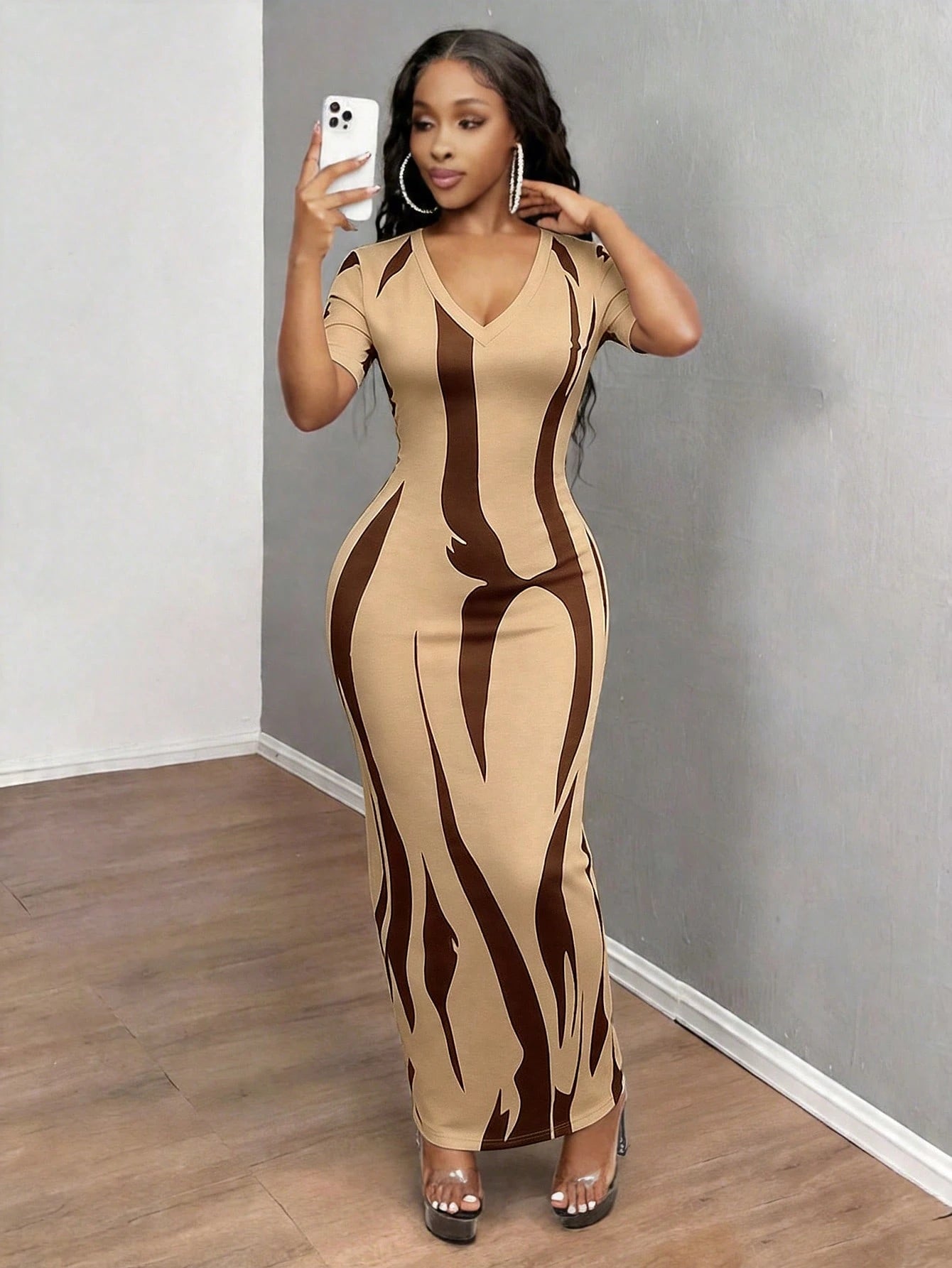 INAWLY Solva Women's Sexy Casual Slim Fit Brown Short Sleeve Dress, Summer Going Out