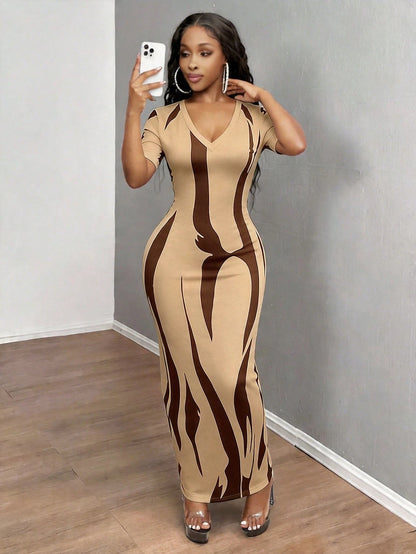 INAWLY Solva Women's Sexy Casual Slim Fit Brown Short Sleeve Dress, Summer Going Out
