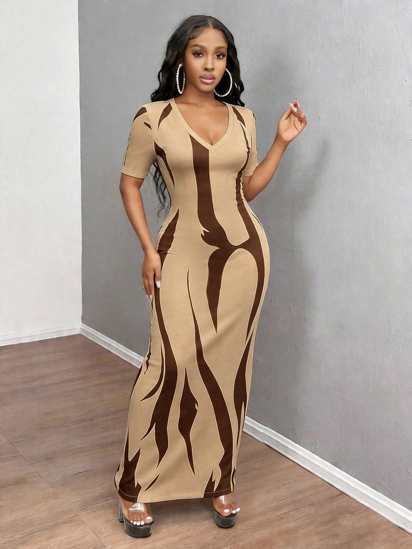 INAWLY Solva Women's Sexy Casual Slim Fit Brown Short Sleeve Dress, Summer Going Out