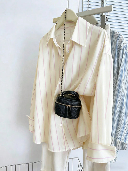 INAWLY Women's Casual Commuter Striped Front Button Down Long Sleeve Shirt