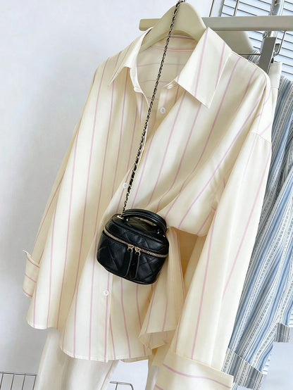 INAWLY Women's Casual Commuter Striped Front Button Down Long Sleeve Shirt