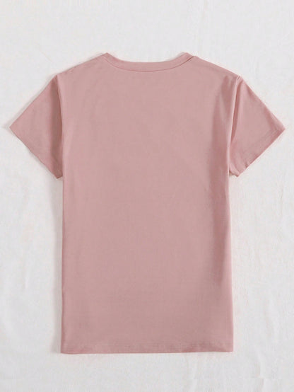 INAWLY Women's Casual Round Neck Short Sleeve T-Shirt With Letter Graphic Print Graphic Tees Women Tops