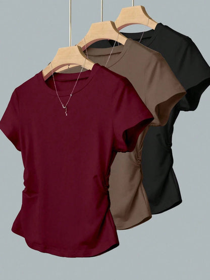 INAWLY Women's Casual Ruched Waist Fitted T-Shirt, Fashionable Versatile Design, Solid Color, Suitable For Daily Wear, Photography, Street Style