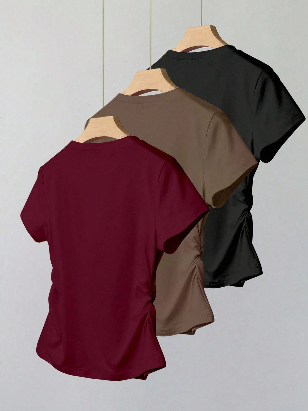 INAWLY Women's Casual Ruched Waist Fitted T-Shirt, Fashionable Versatile Design, Solid Color, Suitable For Daily Wear, Photography, Street Style