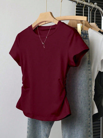 INAWLY Women's Casual Ruched Waist Fitted T-Shirt, Fashionable Versatile Design, Solid Color, Suitable For Daily Wear, Photography, Street Style