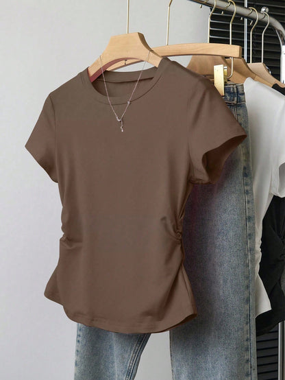INAWLY Women's Casual Ruched Waist Fitted T-Shirt, Fashionable Versatile Design, Solid Color, Suitable For Daily Wear, Photography, Street Style
