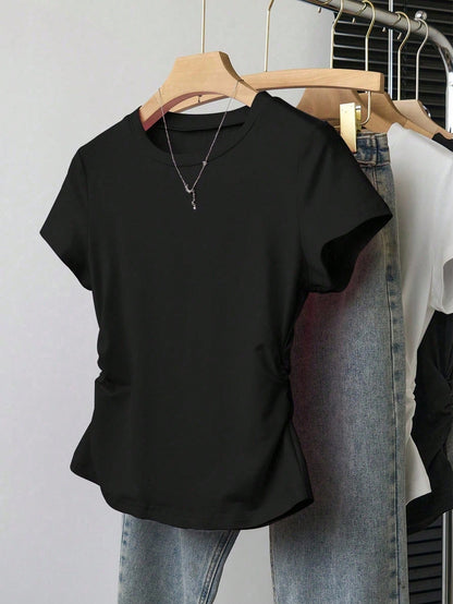 INAWLY Women's Casual Ruched Waist Fitted T-Shirt, Fashionable Versatile Design, Solid Color, Suitable For Daily Wear, Photography, Street Style