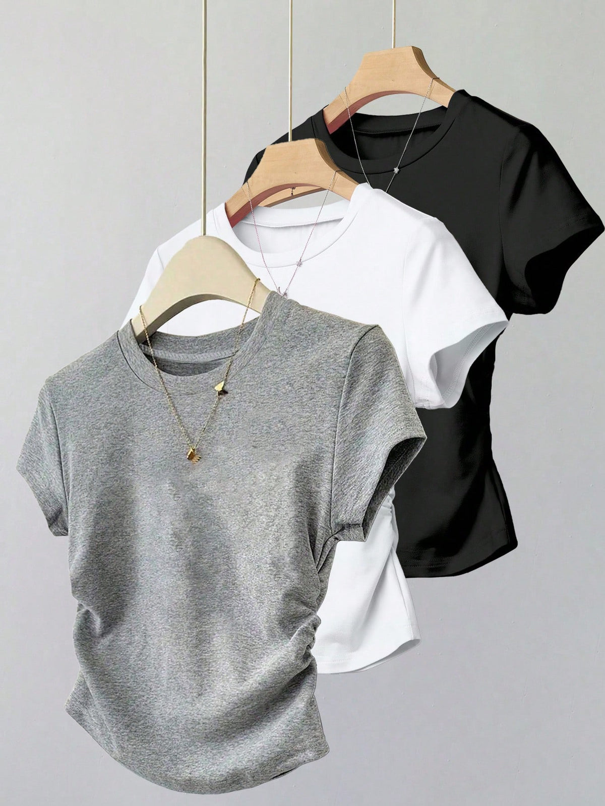 INAWLY Women's Casual Ruched Waist Fitted T-Shirt, Fashionable Versatile Design, Solid Color, Suitable For Daily Wear, Photography, Street Style