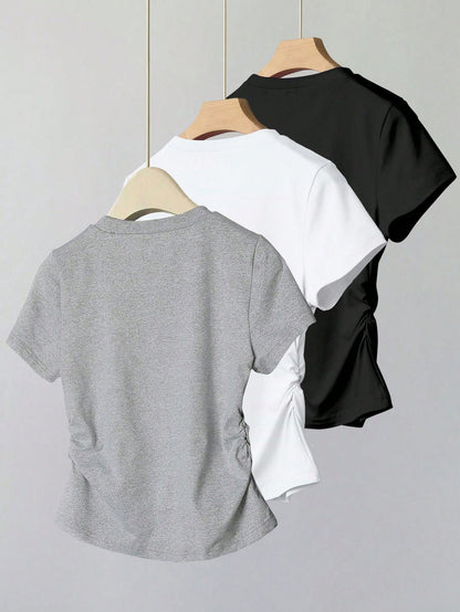 INAWLY Women's Casual Ruched Waist Fitted T-Shirt, Fashionable Versatile Design, Solid Color, Suitable For Daily Wear, Photography, Street Style