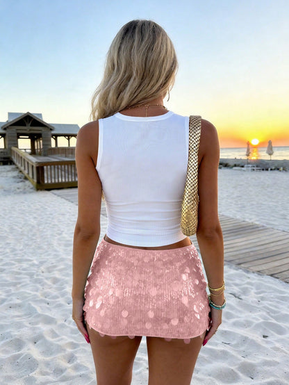INAWLY Women's Casual Vacation Rhinestone & Faux Pearl Decor Tight Top, Summer