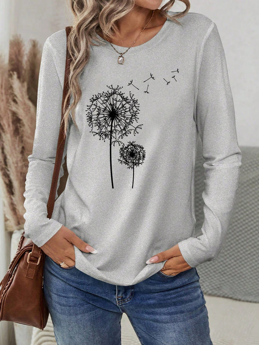 INAWLY Women's Dandelion Print Crew Neck Casual Long Sleeve T-Shirt Graphic Tees Women Tops For Spring Fall Cloth For Women