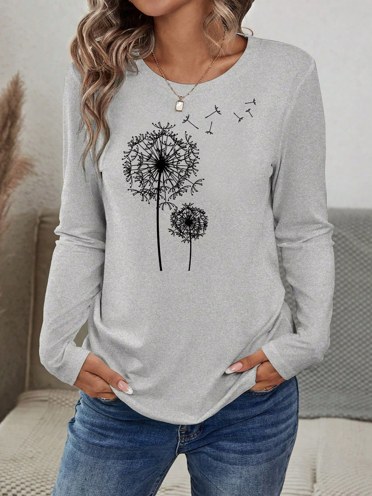 INAWLY Women's Dandelion Print Crew Neck Casual Long Sleeve T-Shirt Graphic Tees Women Tops For Spring Fall Cloth For Women