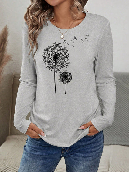 INAWLY Women's Dandelion Print Crew Neck Casual Long Sleeve T-Shirt Graphic Tees Women Tops For Spring Fall Cloth For Women