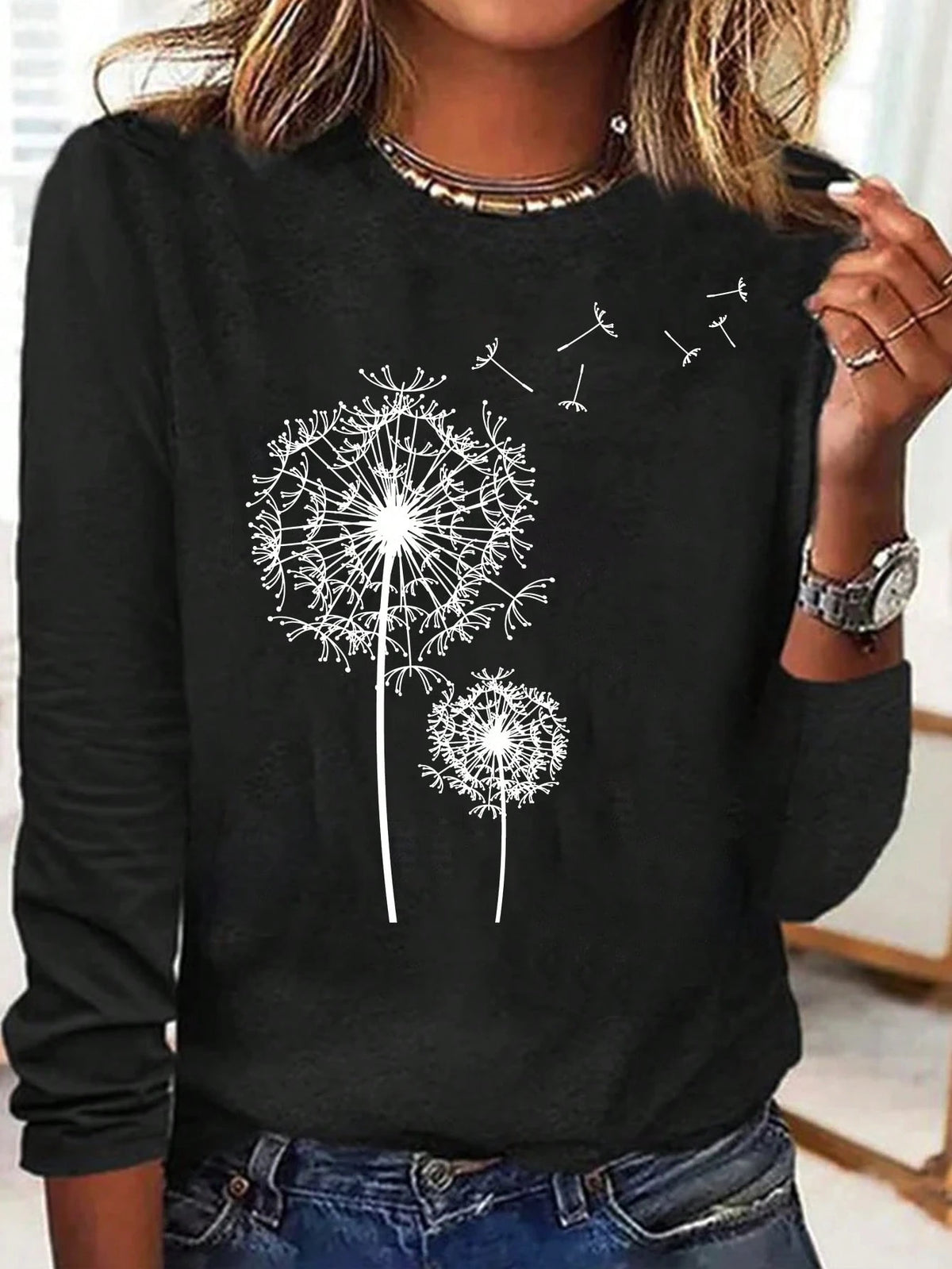 INAWLY Women's Dandelion Print Crew Neck Casual Long Sleeve T-Shirt Graphic Tees Women Tops For Spring Fall Cloth For Women