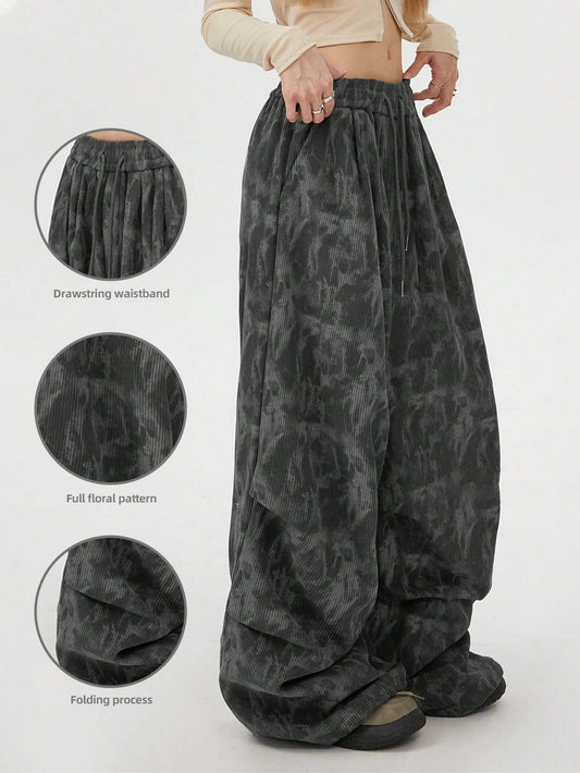 INAWLY Women's Pleated Loose Fit Corduroy Pants With Graphic Print Fall Cloth For Women