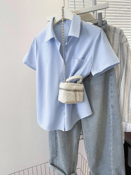INAWLY Women's Solid Color Button-Down Short Sleeve Summer Casual Commuter Style Shirt
