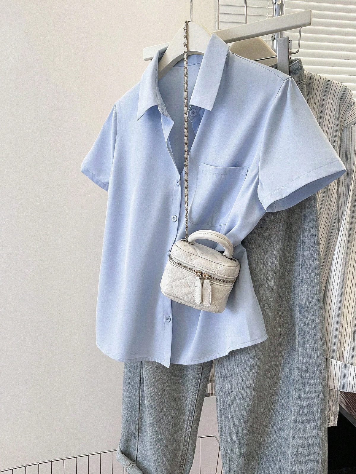 INAWLY Women's Solid Color Button-Down Short Sleeve Summer Casual Commuter Style Shirt