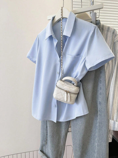 INAWLY Women's Solid Color Button-Down Short Sleeve Summer Casual Commuter Style Shirt