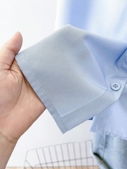 INAWLY Women's Solid Color Button-Down Short Sleeve Summer Casual Commuter Style Shirt