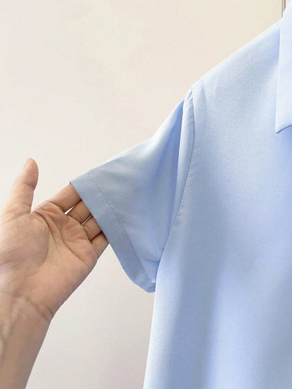 INAWLY Women's Solid Color Button-Down Short Sleeve Summer Casual Commuter Style Shirt