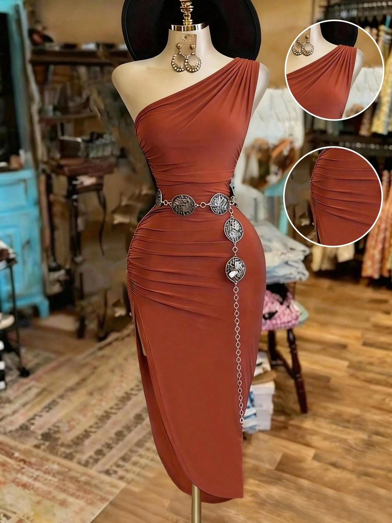 INAWLY Women's Solid Color Elegant Waist-Cinched Slit Design Mid-Length Party Dress
