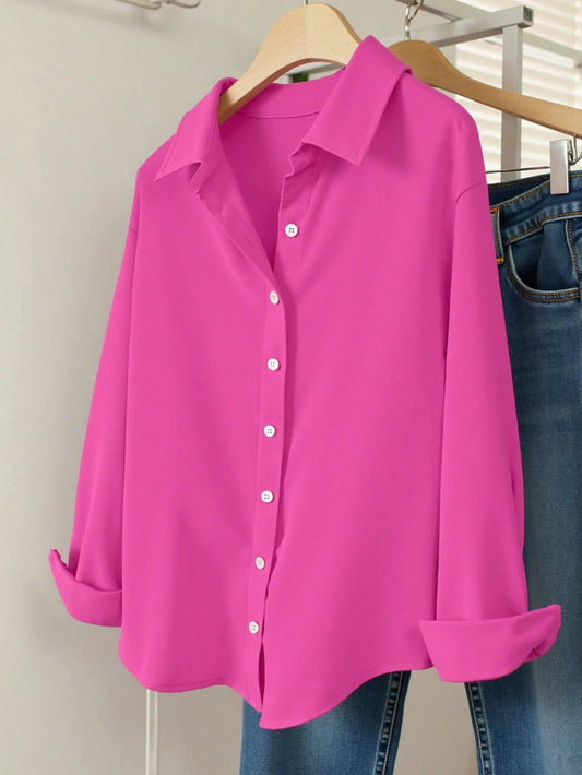 INAWLY Women's Solid Color Front Button Casual Long Sleeve Shirt
