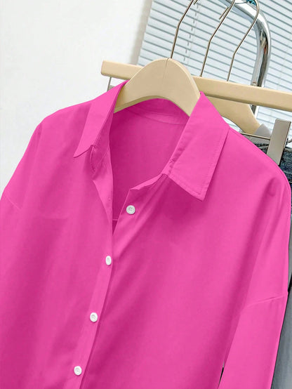 INAWLY Women's Solid Color Front Button Casual Long Sleeve Shirt