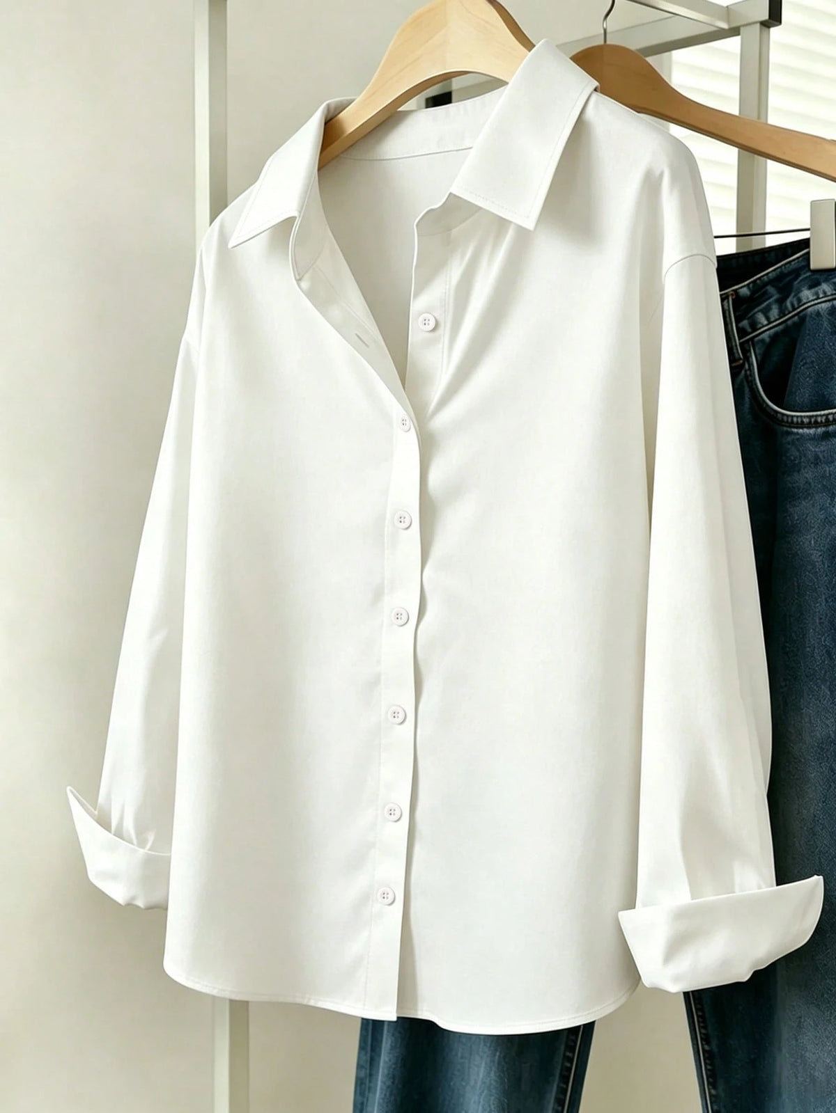 INAWLY Women's Solid Color Front Button Casual Long Sleeve Shirt
