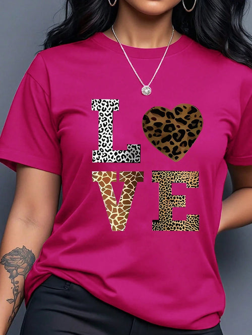 INAWLY Women's Valentine's Day Letter & Leopard Print Casual Round Neck Short Sleeve T-Shirt