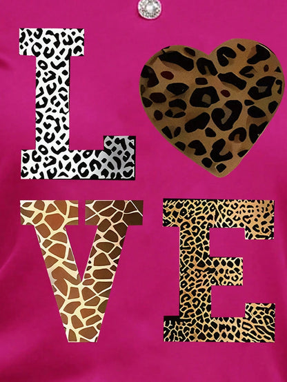 INAWLY Women's Valentine's Day Letter & Leopard Print Casual Round Neck Short Sleeve T-Shirt
