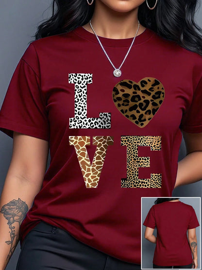 INAWLY Women's Valentine's Day Letter & Leopard Print Casual Round Neck Short Sleeve T-Shirt